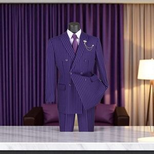 VINCI MENS 2 PIECE DOUBLE BREASTED PINSTRIPE SUIT W/ ADJUSTABLE WAISTBAND F-DSS